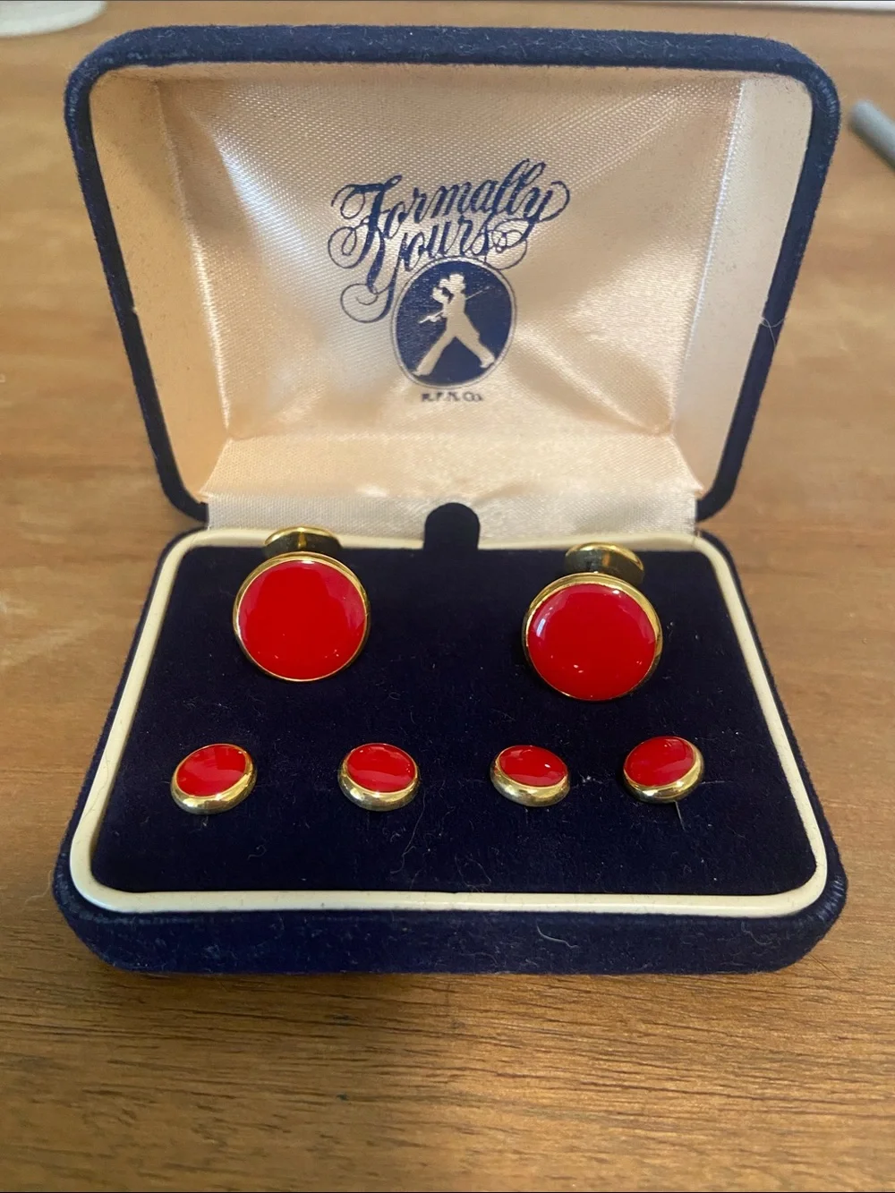 Formally Yours men's gold and red enamel round cufflinks and studs set LIKE NEW